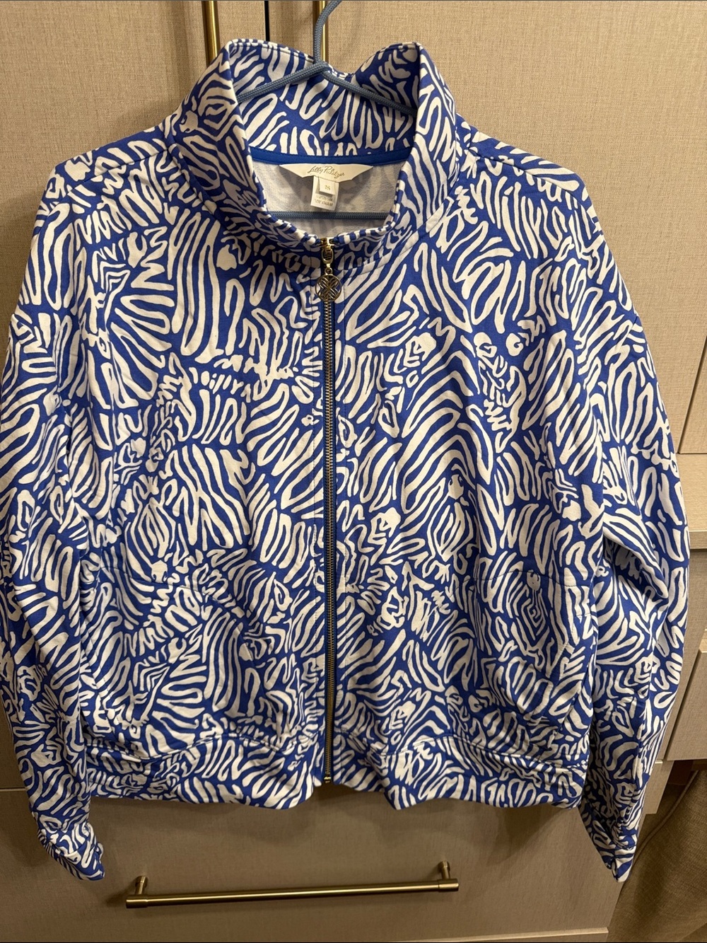 Lilly Pulitzer Royal Blue & White Abstract Zip Bomber Jacket